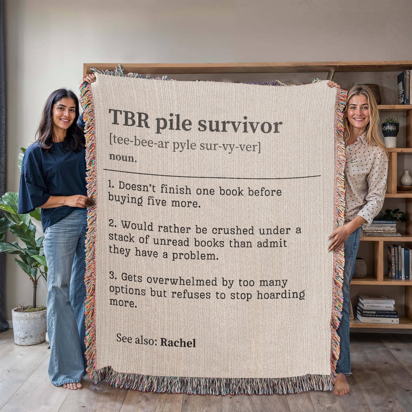 Personalized TBR Pile Survivor Woven Blanket – A Cozy Tribute to Book Hoarders Offbeat Opulence
