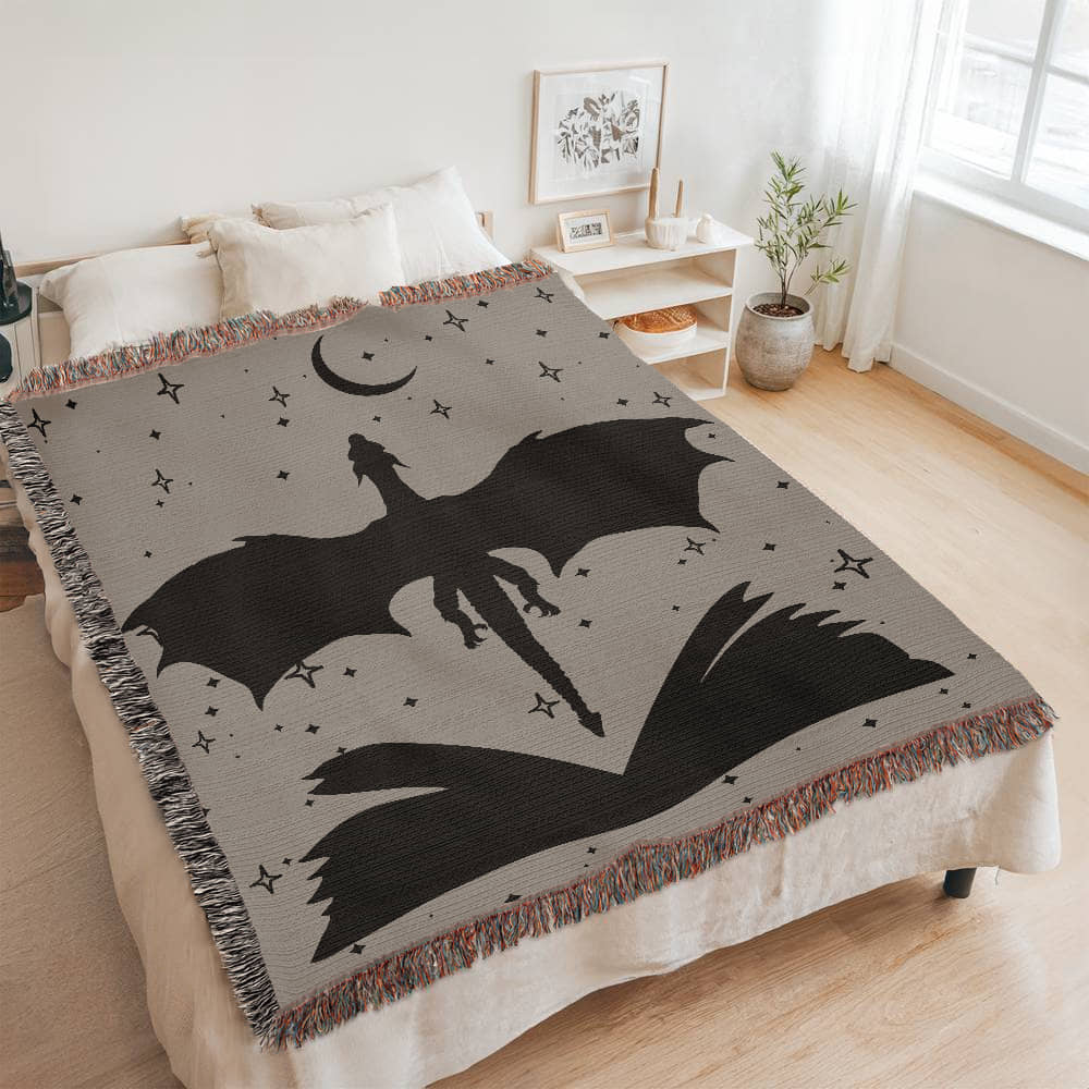 Sage Green Book & Dragon Woven Blanket – A Cozy Fantasy Escape Offbeat Opulence