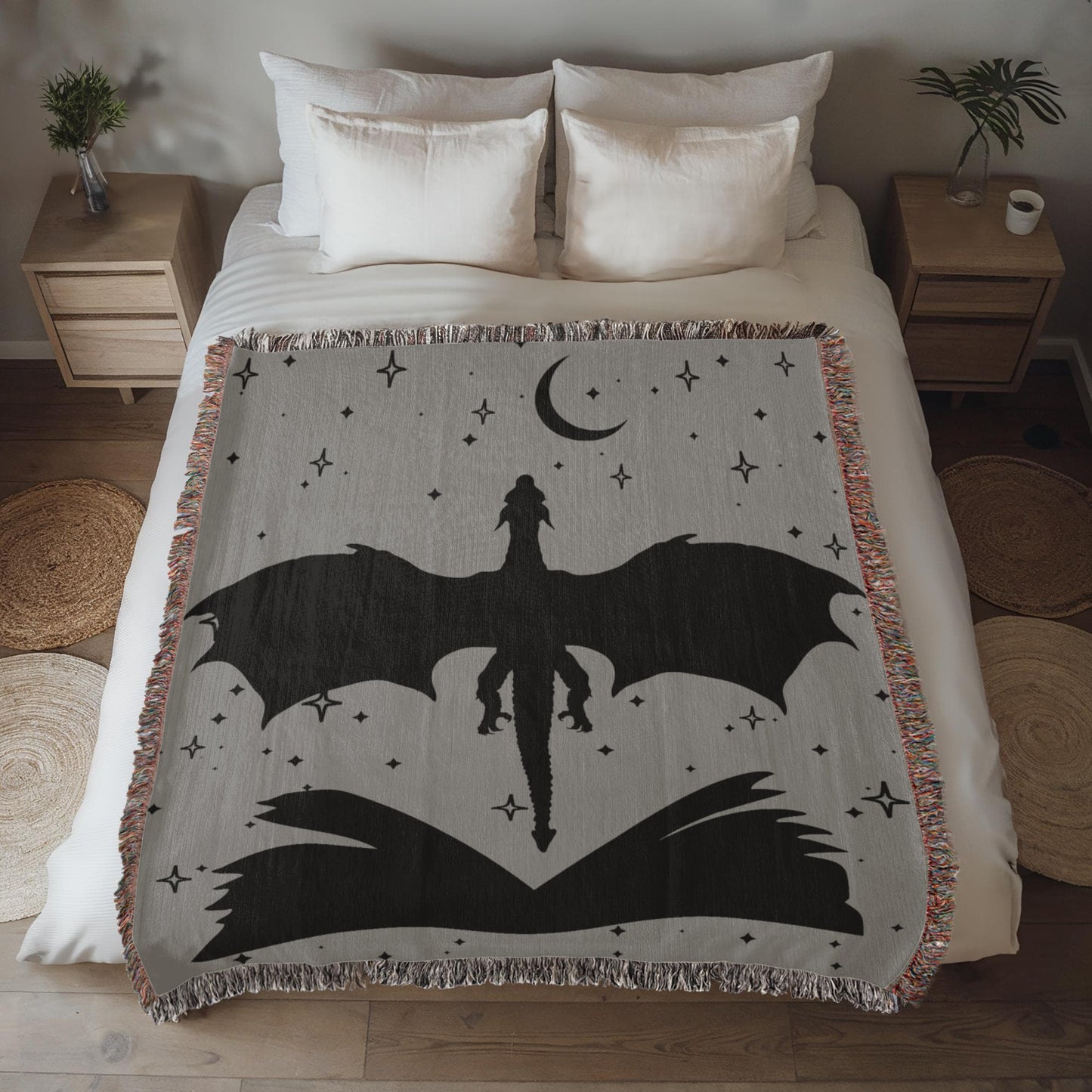 Sage Green Book & Dragon Woven Blanket – A Cozy Fantasy Escape Offbeat Opulence