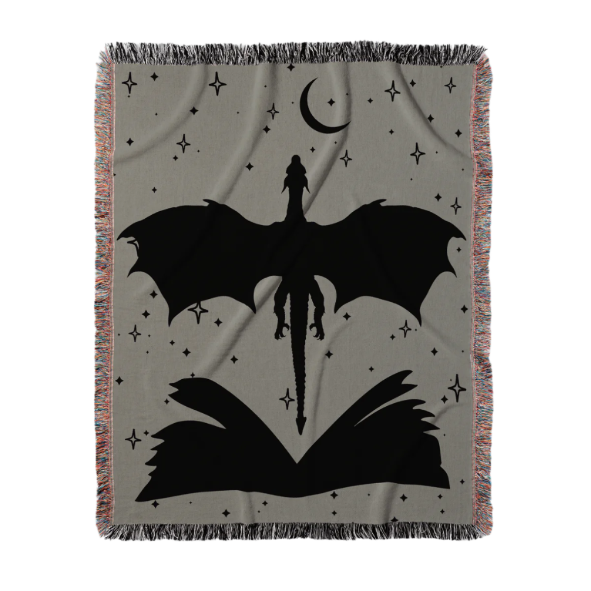 Sage Green Book & Dragon Woven Blanket – A Cozy Fantasy Escape Offbeat Opulence