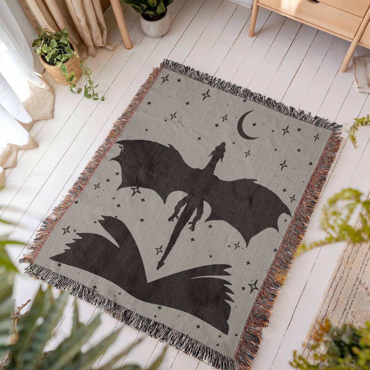 Sage Green Book & Dragon Woven Blanket – A Cozy Fantasy Escape Offbeat Opulence