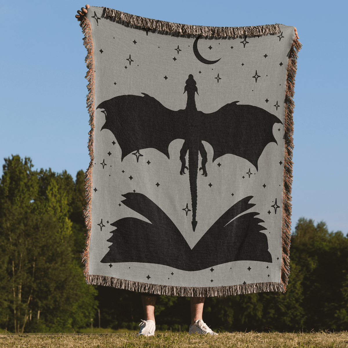 Sage Green Book & Dragon Woven Blanket – A Cozy Fantasy Escape Offbeat Opulence