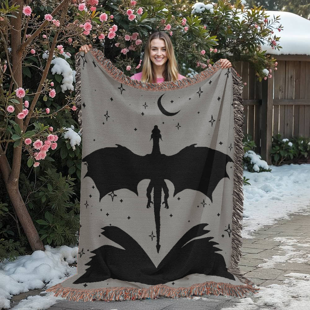 Sage Green Book & Dragon Woven Blanket – A Cozy Fantasy Escape Offbeat Opulence
