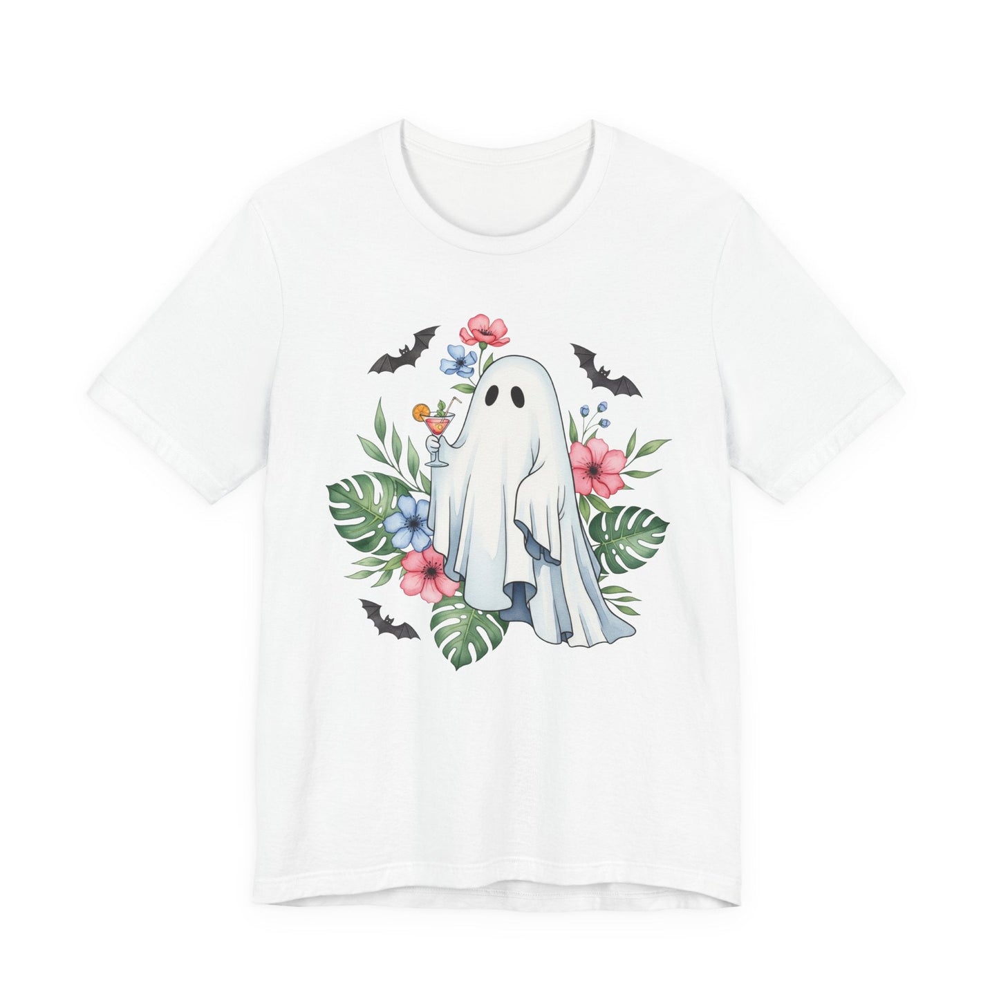 Summerween T-Shirt – Floral Ghost with Cocktail and Bats Graphic Tee Offbeat Opulence