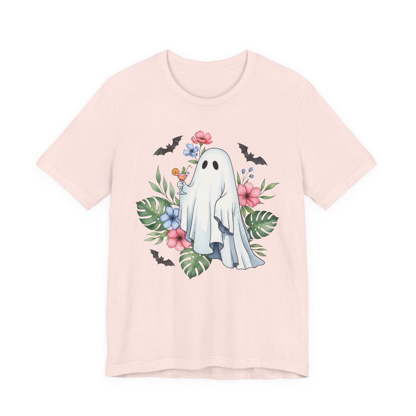 Summerween T-Shirt – Floral Ghost with Cocktail and Bats Graphic Tee Offbeat Opulence