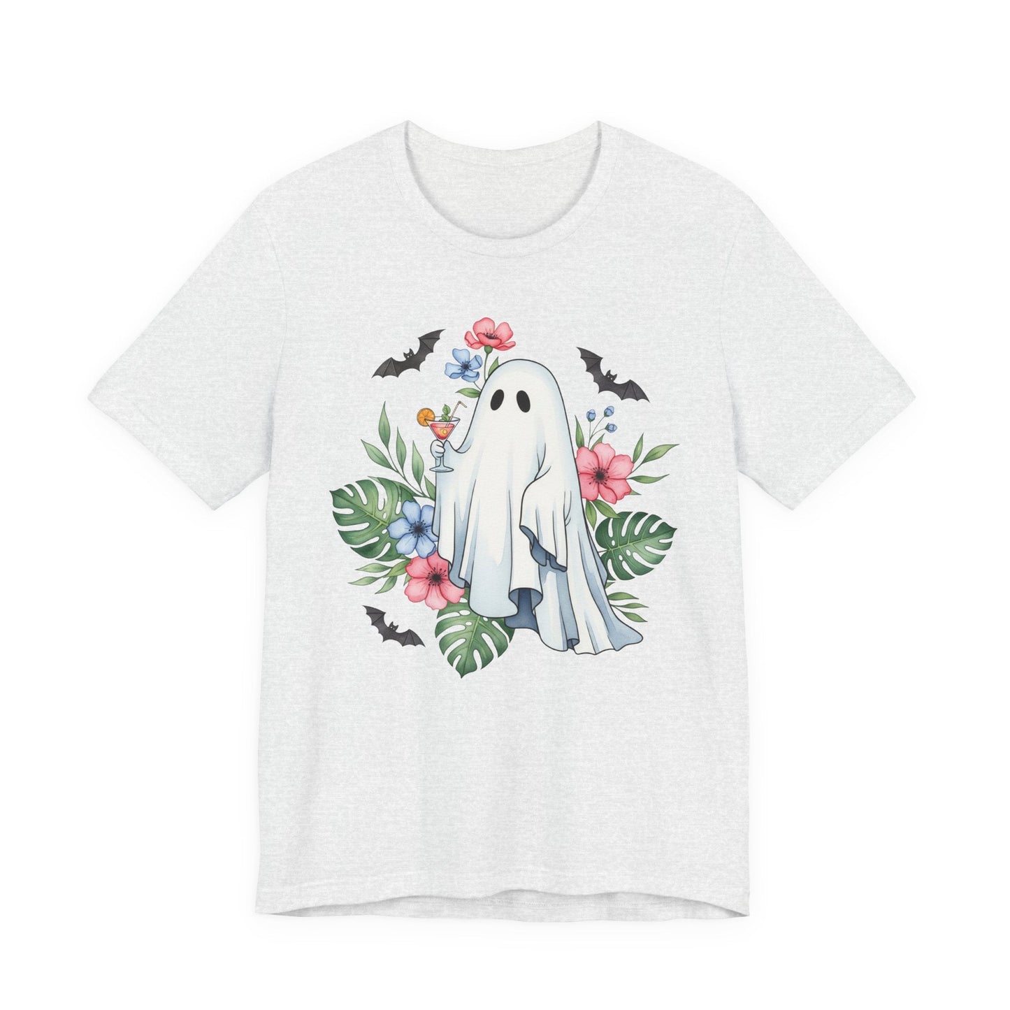 Summerween T-Shirt – Floral Ghost with Cocktail and Bats Graphic Tee Offbeat Opulence
