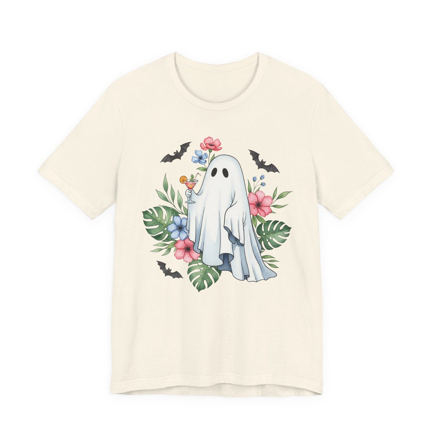Summerween T-Shirt – Floral Ghost with Cocktail and Bats Graphic Tee Offbeat Opulence