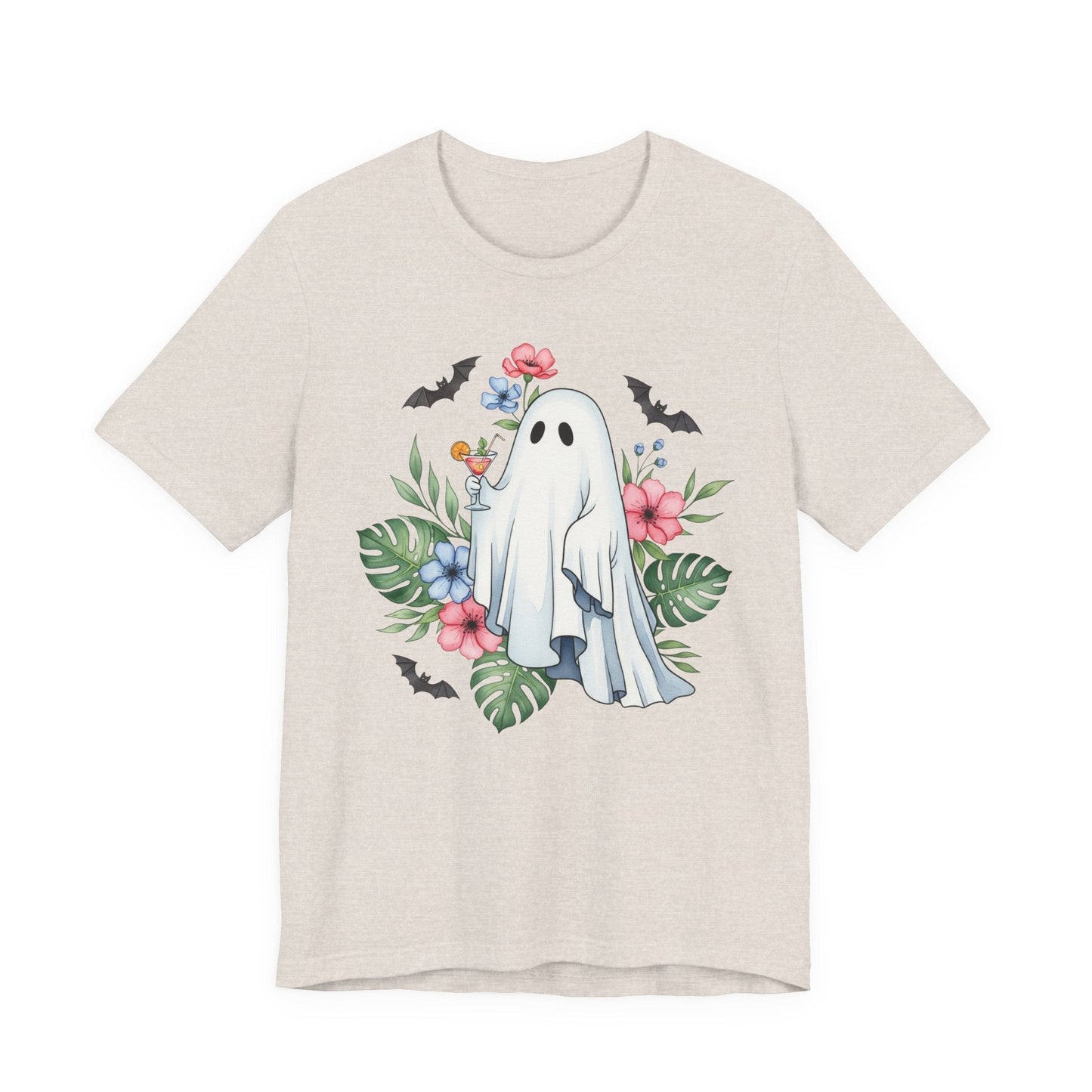 Summerween T-Shirt – Floral Ghost with Cocktail and Bats Graphic Tee Offbeat Opulence