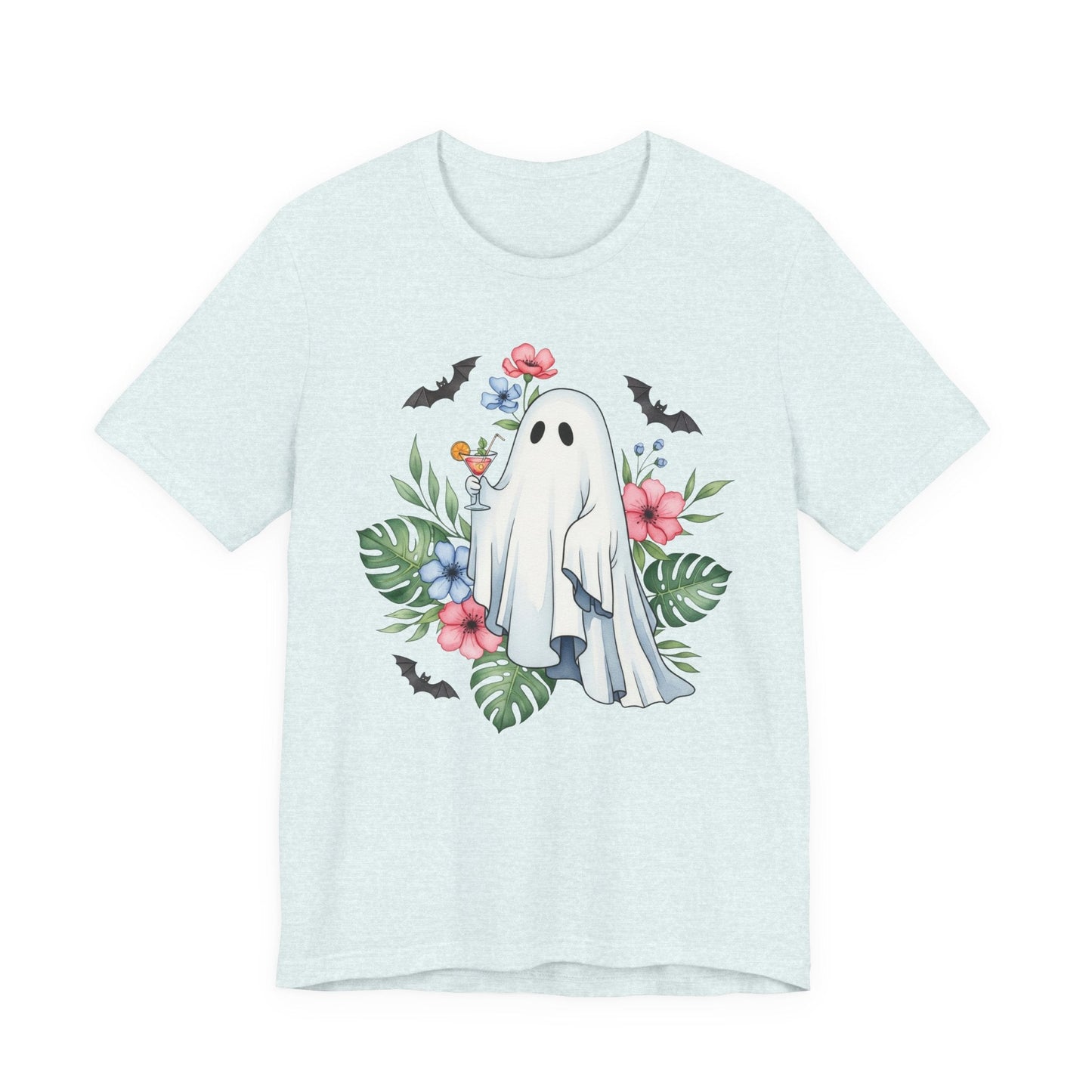 Summerween T-Shirt – Floral Ghost with Cocktail and Bats Graphic Tee Offbeat Opulence