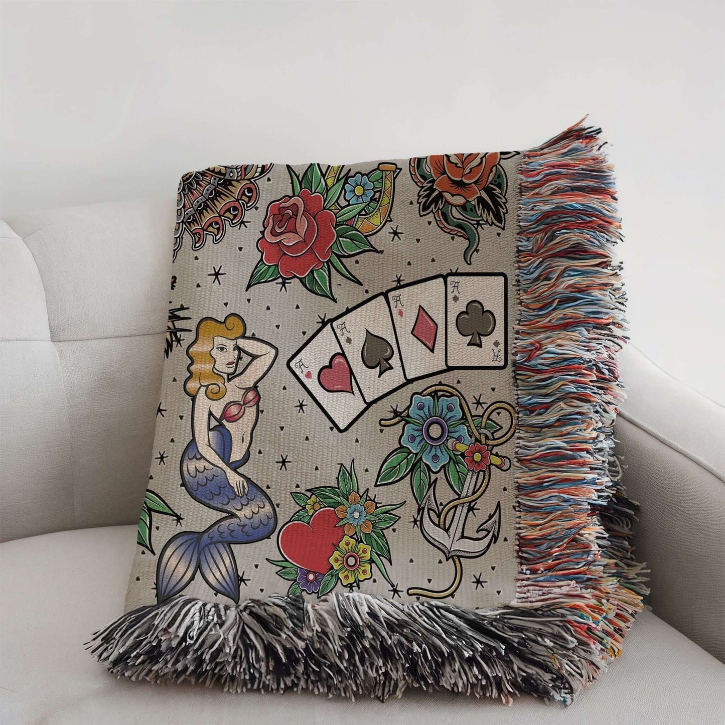 Vintage Tattoo Flash Woven Blanket Offbeat Opulence