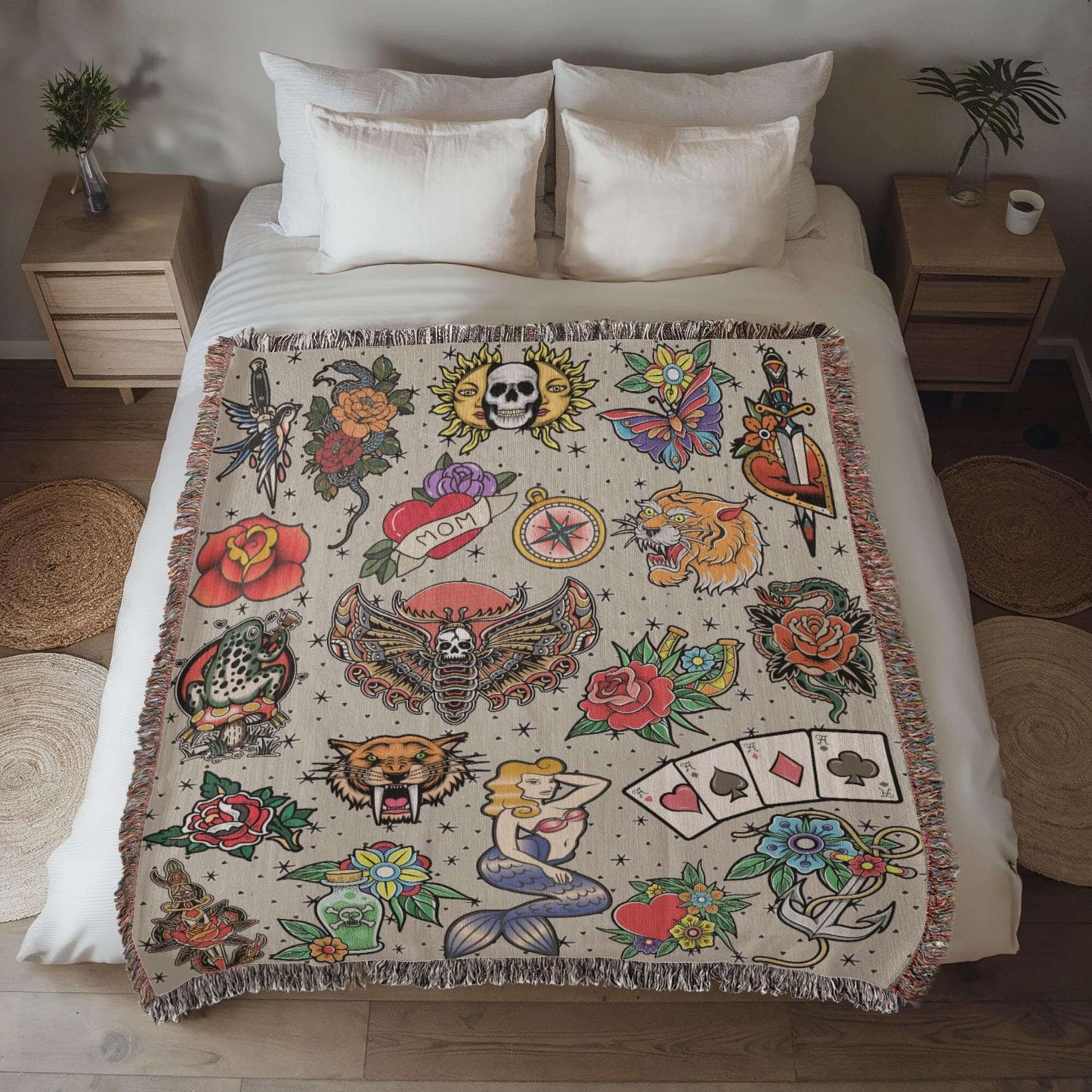 Vintage Tattoo Flash Woven Blanket Offbeat Opulence