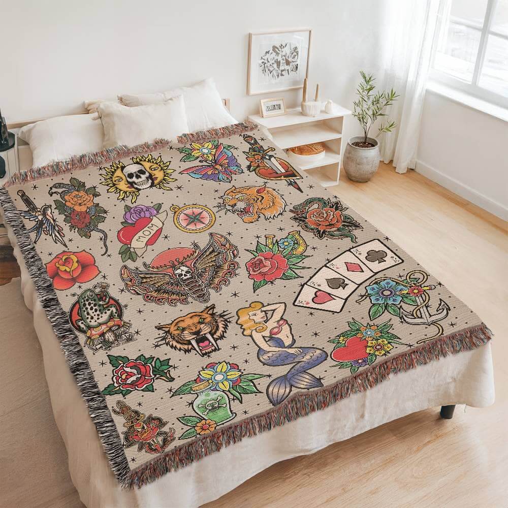 Vintage Tattoo Flash Woven Blanket Offbeat Opulence