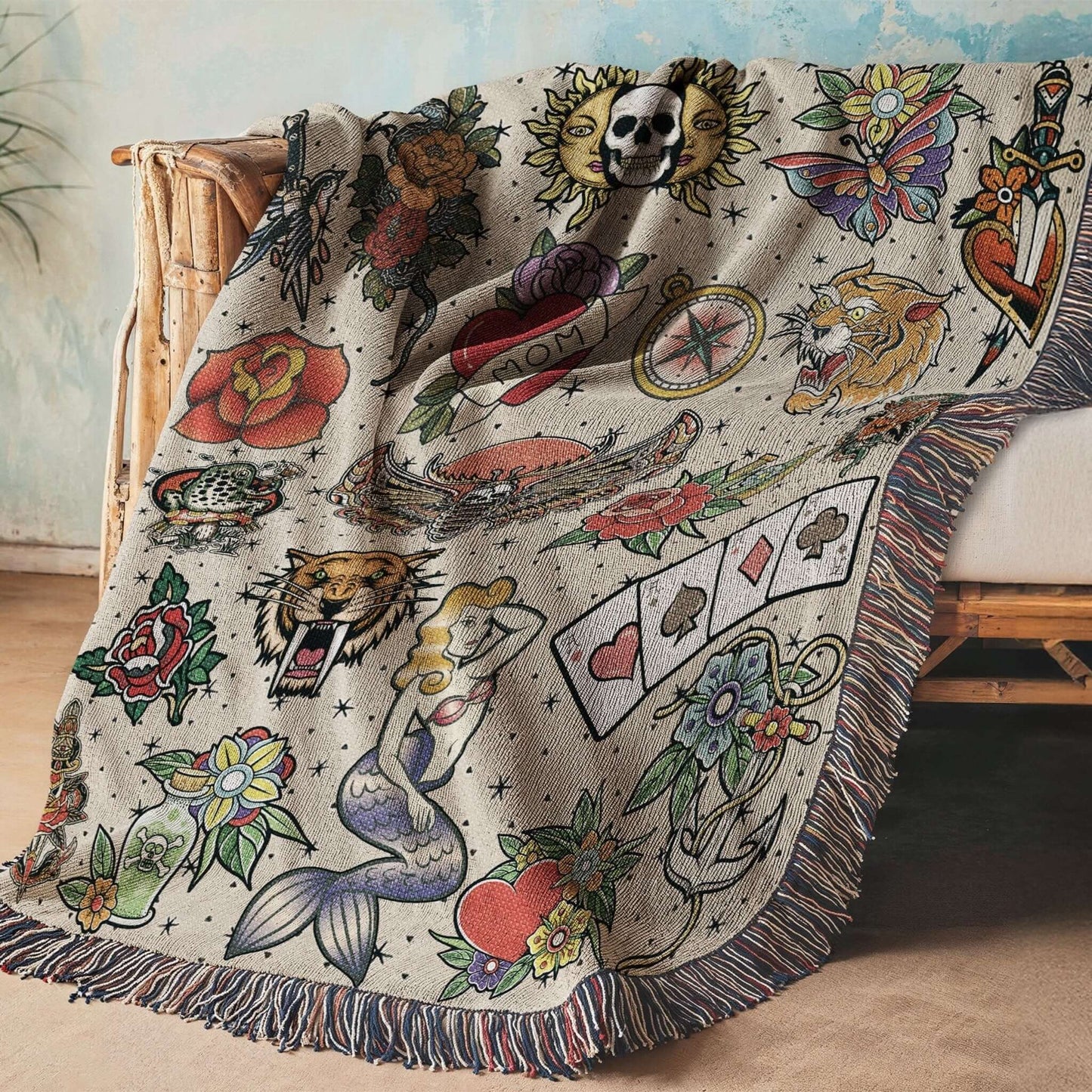 Vintage Tattoo Flash Woven Blanket Offbeat Opulence