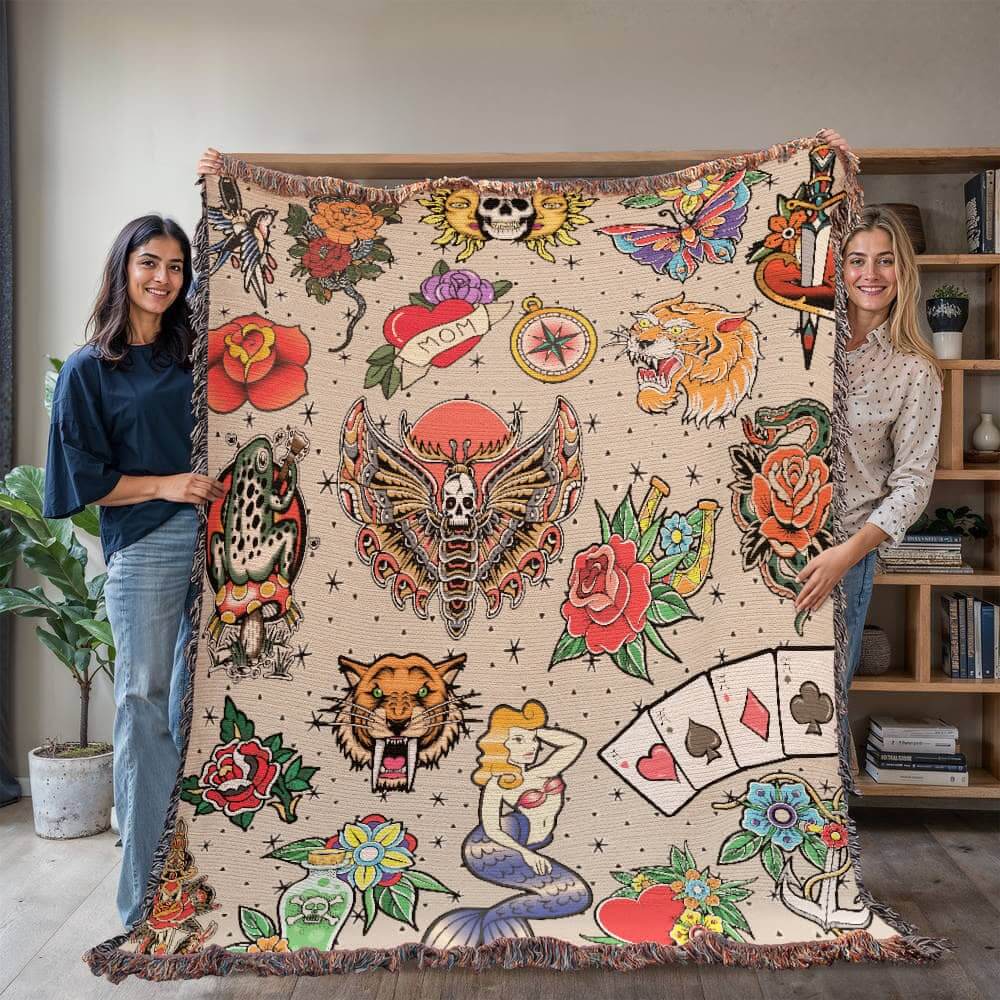 Vintage Tattoo Flash Woven Blanket Offbeat Opulence