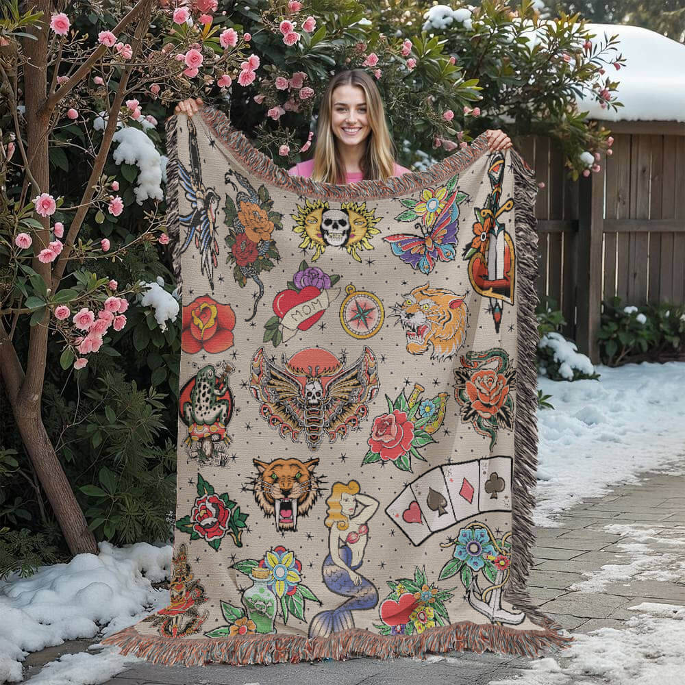 Vintage Tattoo Flash Woven Blanket Offbeat Opulence