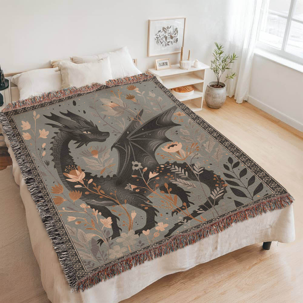 Whimsical Floral Black Dragon Woven Blanket Offbeat Opulence