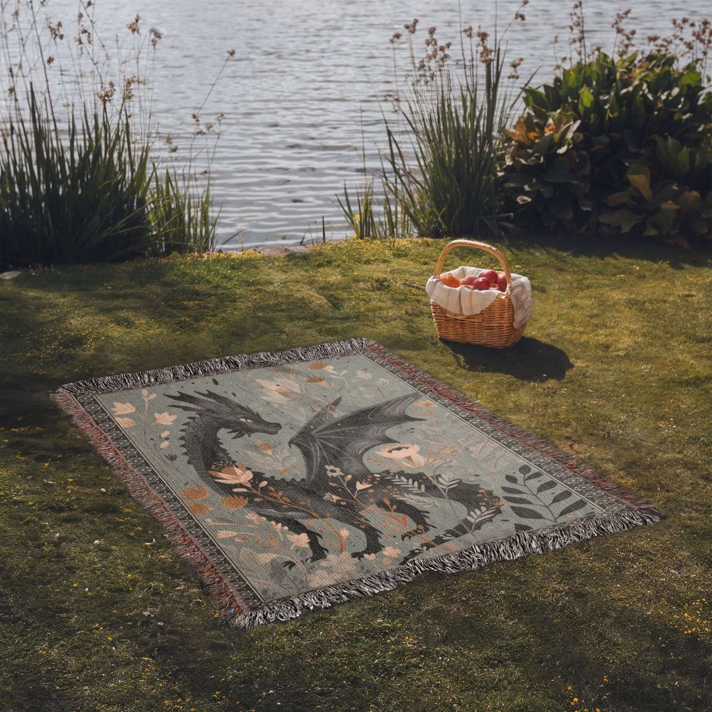Whimsical Floral Black Dragon Woven Blanket Offbeat Opulence
