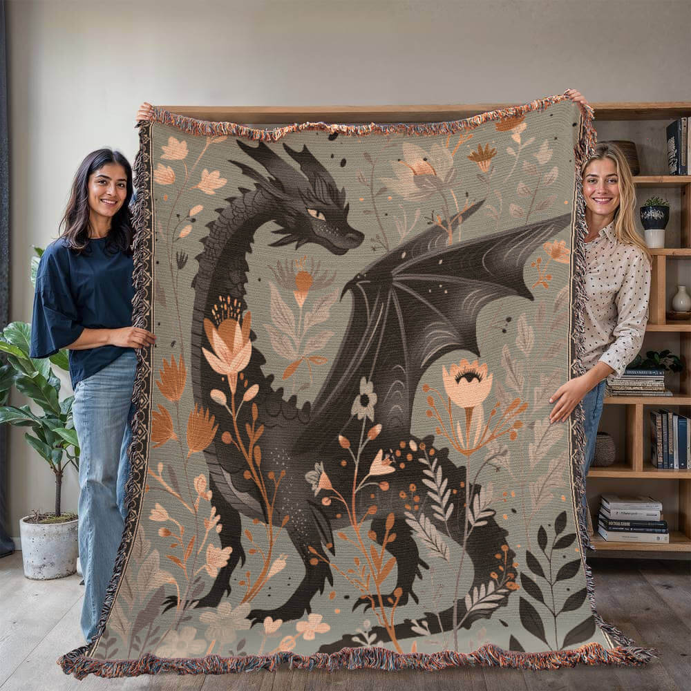 Whimsical Floral Black Dragon Woven Blanket Offbeat Opulence