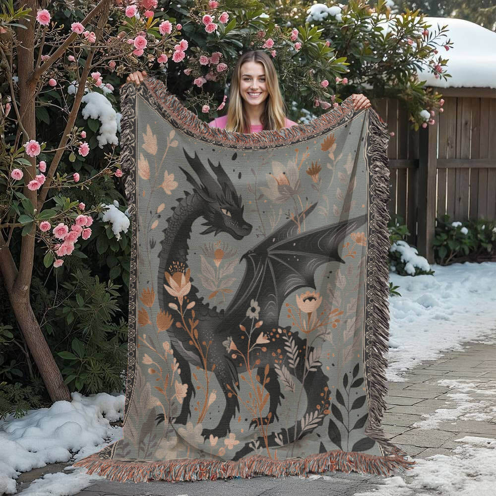 Whimsical Floral Black Dragon Woven Blanket Offbeat Opulence