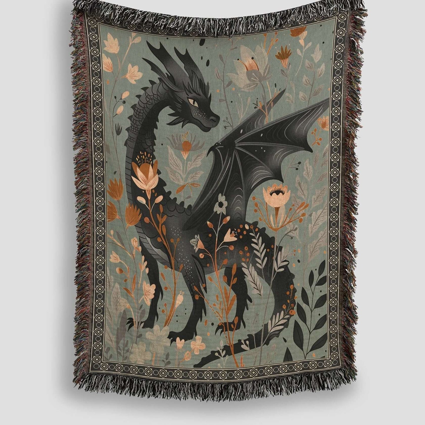 Whimsical Floral Black Dragon Woven Blanket Offbeat Opulence