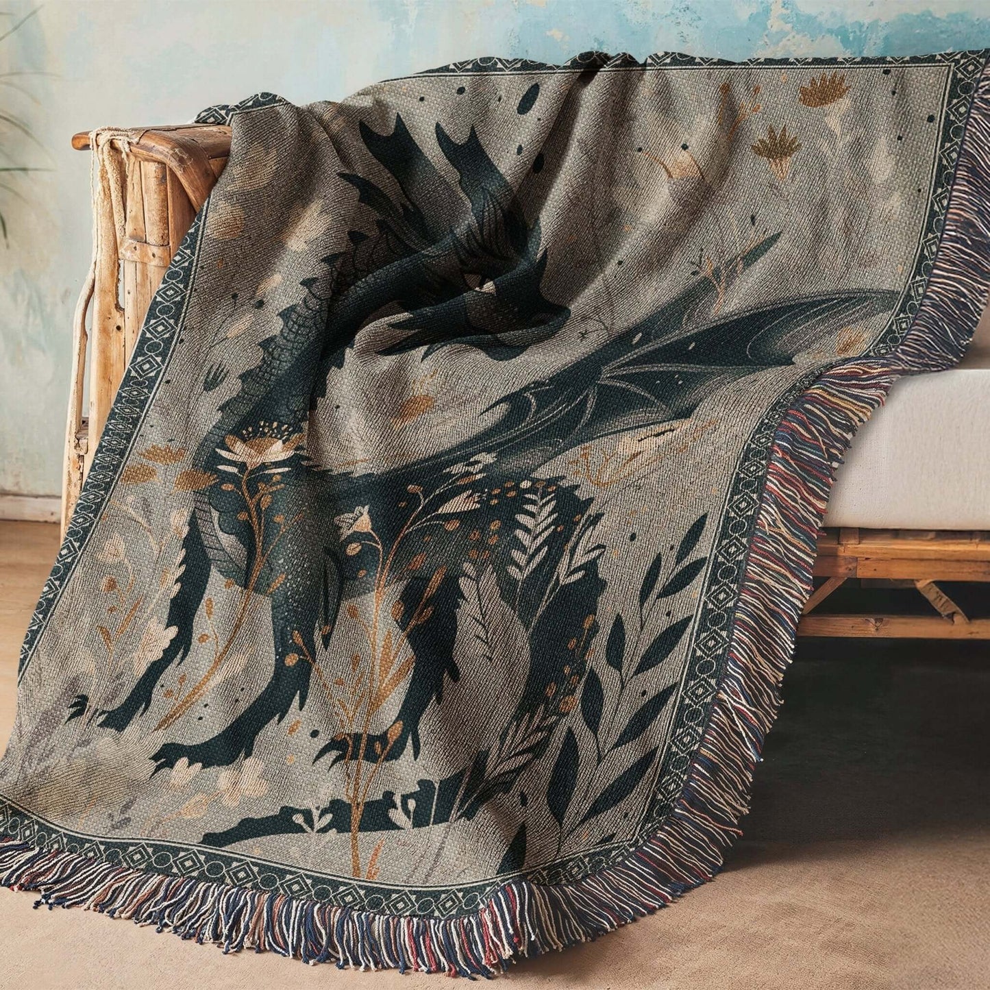 Whimsical Floral Black Dragon Woven Blanket Offbeat Opulence