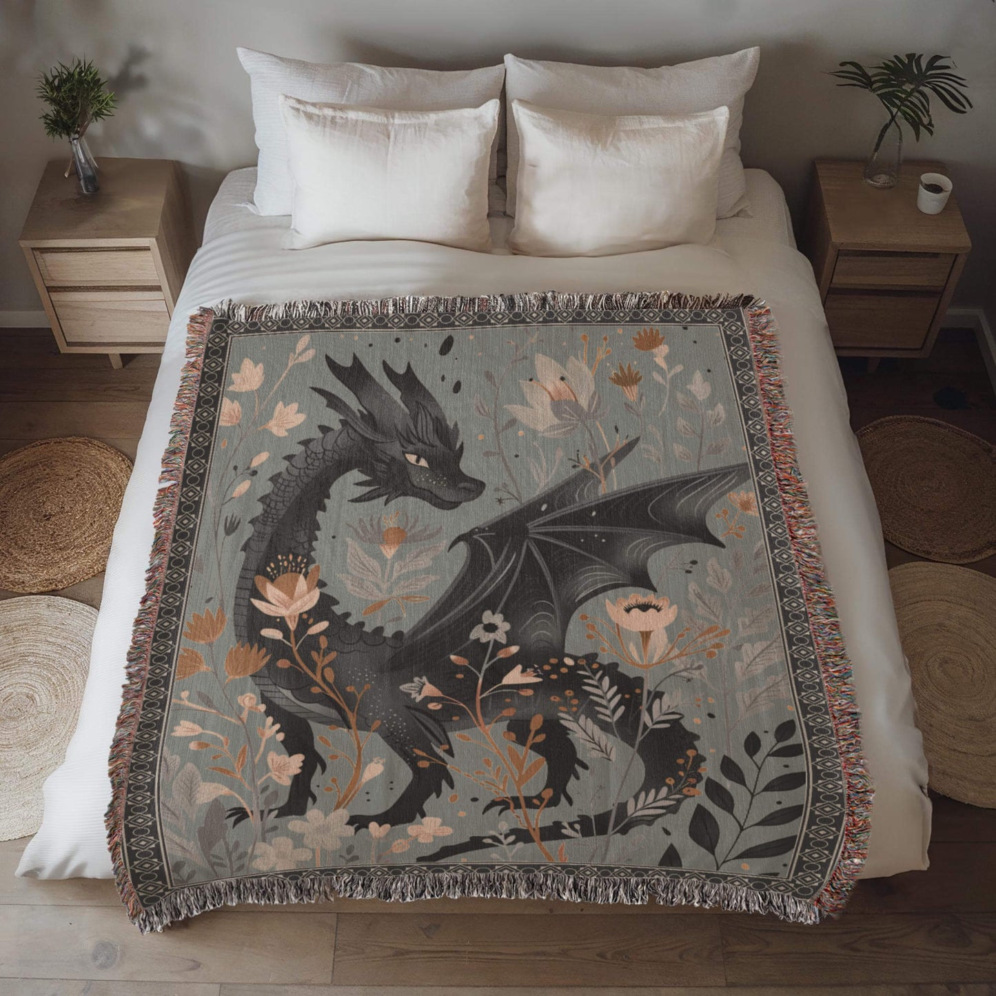 Whimsical Floral Black Dragon Woven Blanket Offbeat Opulence