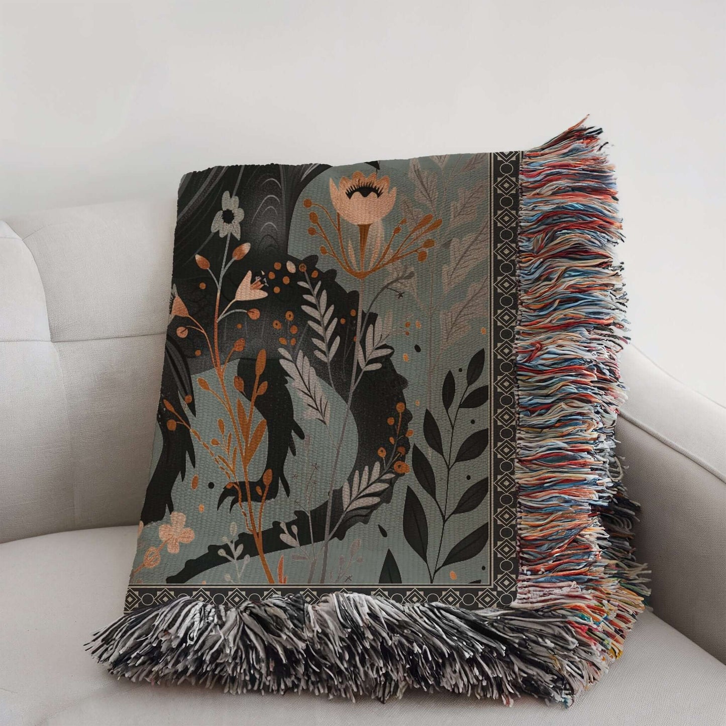 Whimsical Floral Black Dragon Woven Blanket Offbeat Opulence