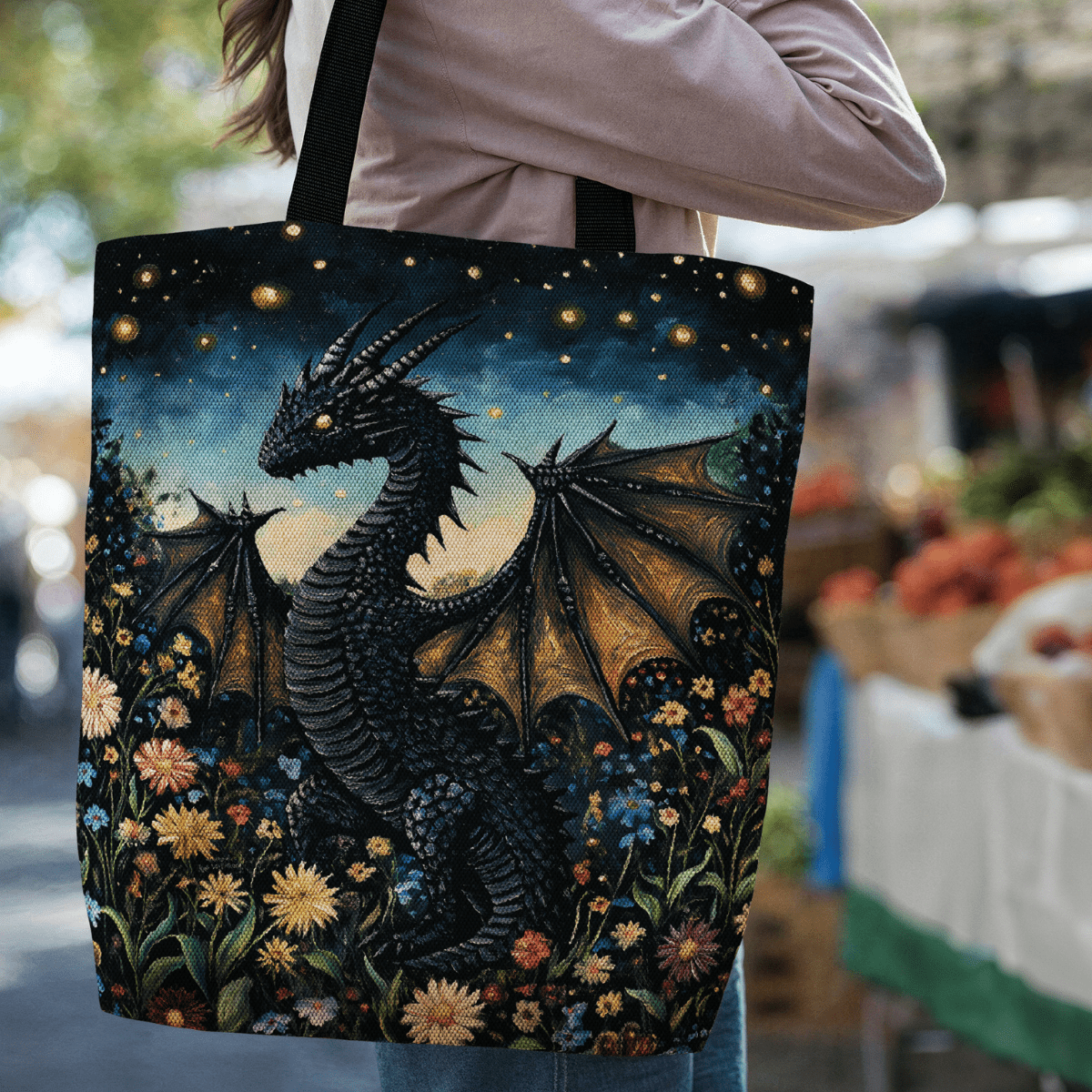 Whimsical Garden Dragon Woven Tote Offbeat Opulence