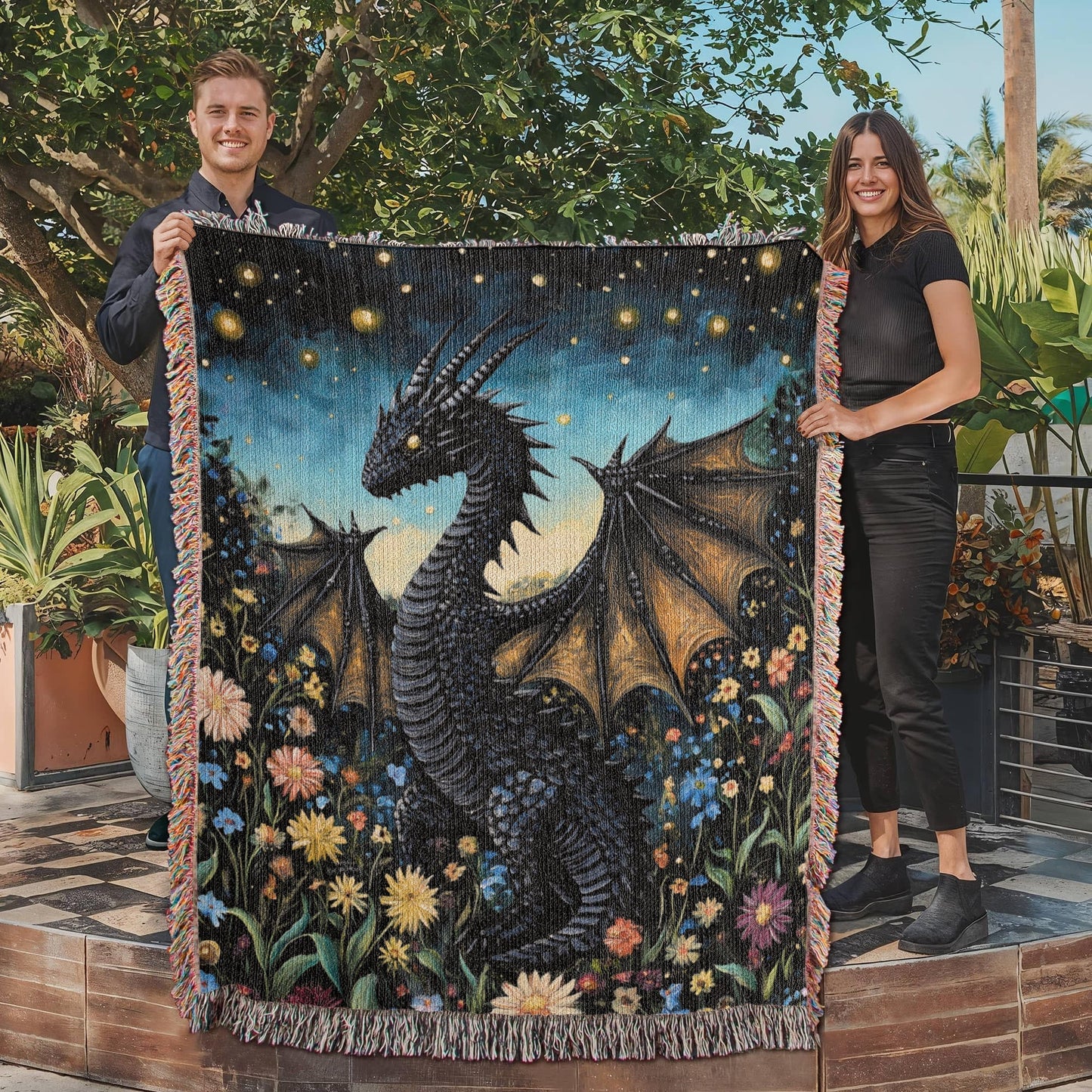 Whimsical Storybook Garden Dragon – Woven Blanket Offbeat Opulence