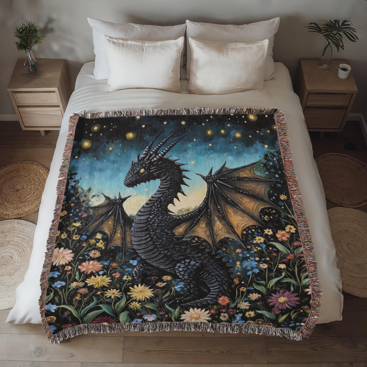 Whimsical Storybook Garden Dragon – Woven Blanket Offbeat Opulence