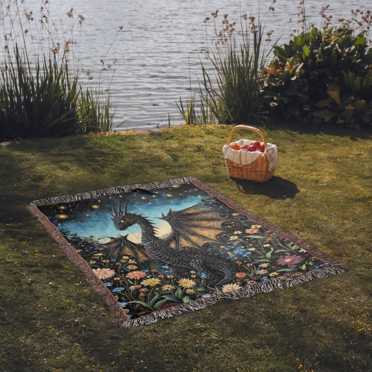 Whimsical Storybook Garden Dragon – Woven Blanket Offbeat Opulence