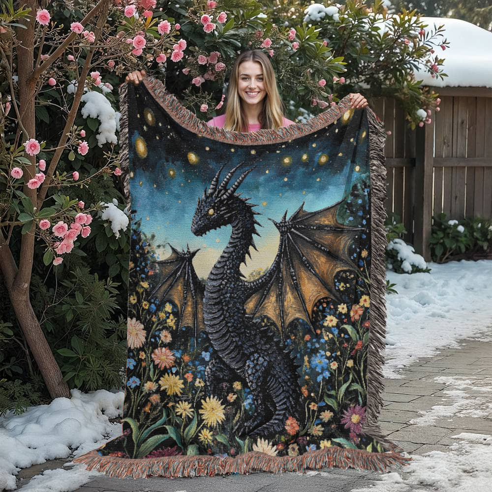 Whimsical Storybook Garden Dragon – Woven Blanket Offbeat Opulence