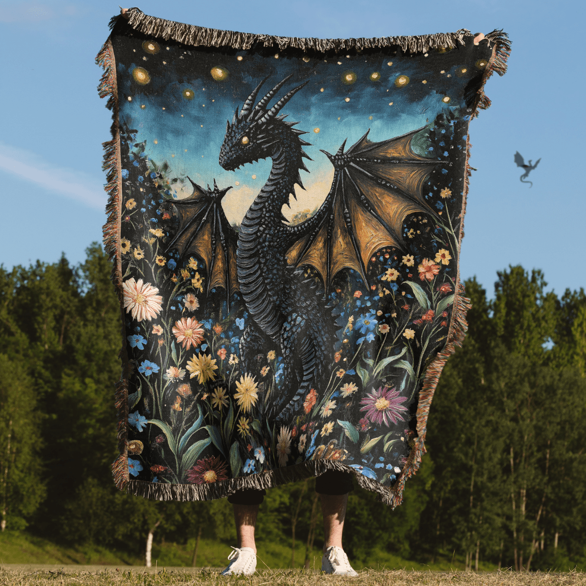 Whimsical Storybook Garden Dragon – Woven Blanket Offbeat Opulence