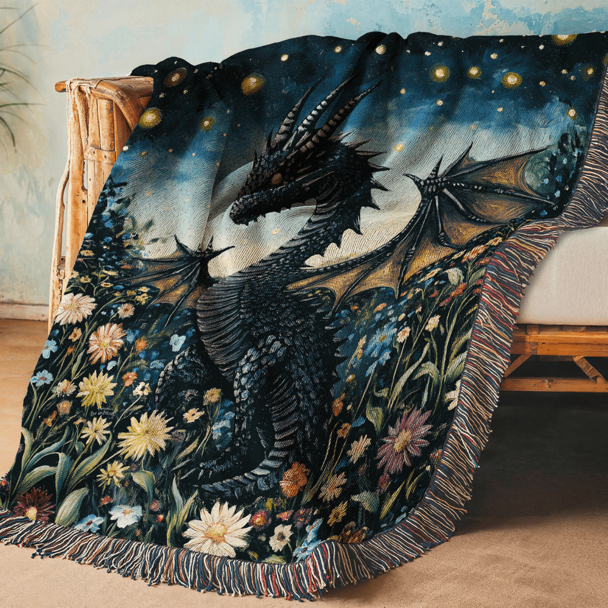 Whimsical Storybook Garden Dragon – Woven Blanket Offbeat Opulence