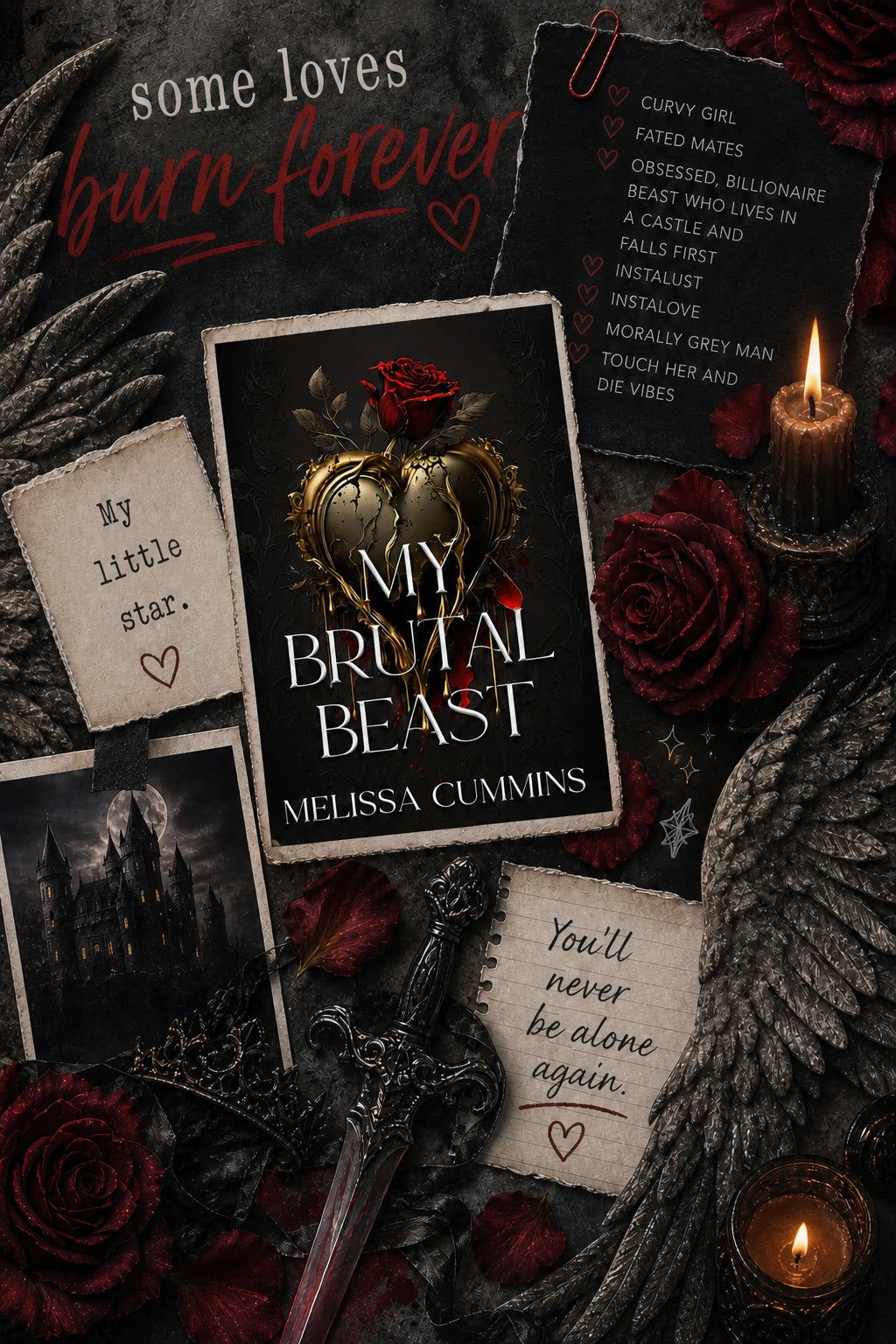 Cover of My Vicious Beast, a dagger, rose petals, and stone wings.
