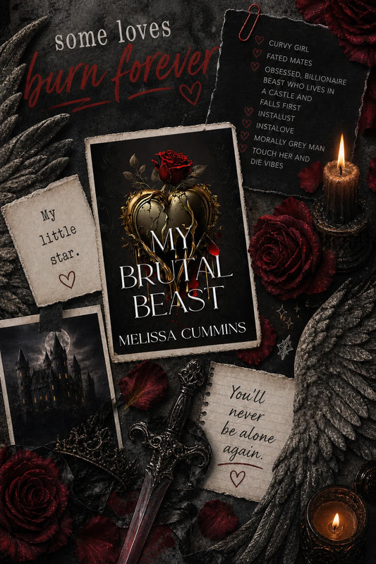 Cover of My Vicious Beast, a dagger, rose petals, and stone wings.