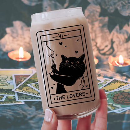 CrescentCatCo - The Lover Cat Lover Tarot Class | Witchy Cat Iced Coffee Glass | Beer can Glass with Lid and Straw | Cat Mom Gifts | Black Cat Tarot Card