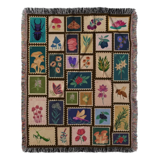 Garden Stamps Woven Blanket – A Botanical Tapestry of Nature's Wonders Offbeat Opulence