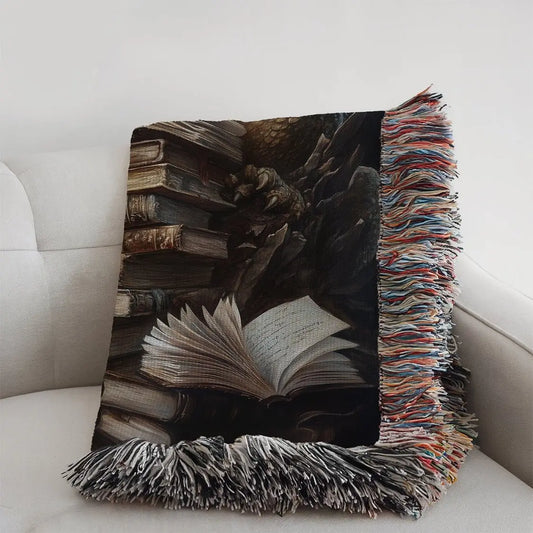 Guardian Book Dragon Woven Blanket – A Cozy Tribute to the Love of Stories Offbeat Opulence
