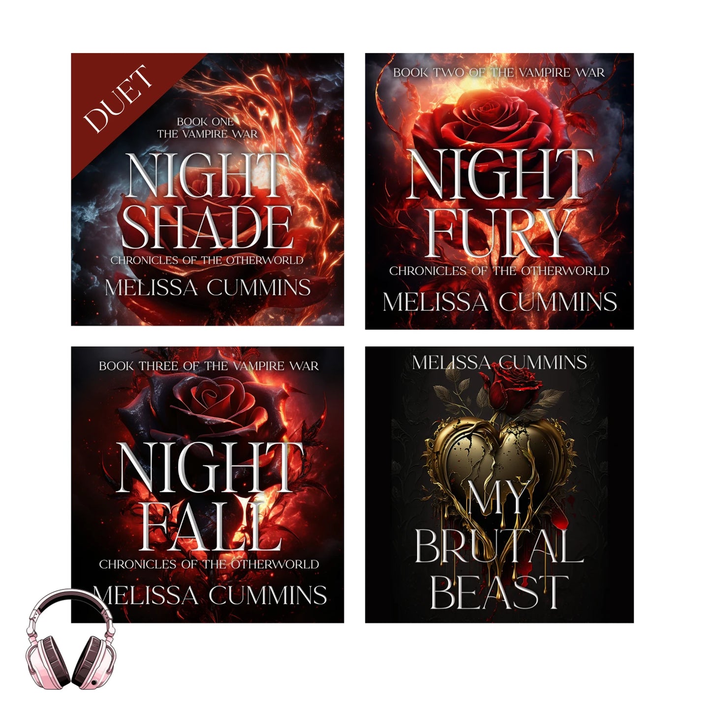 Four book covers of ebooks by Melissa Cummins with a headphone icon.