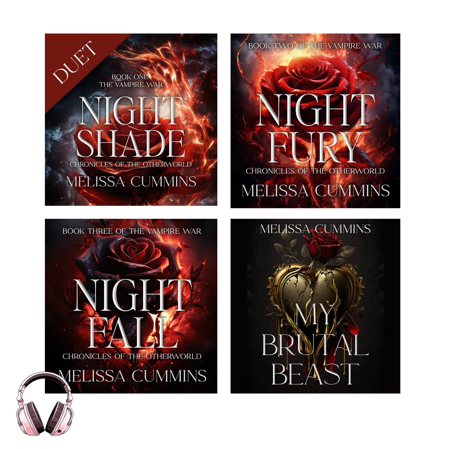 Four book covers of ebooks by Melissa Cummins with a headphone icon.