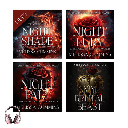 Four book covers of ebooks by Melissa Cummins with a headphone icon.