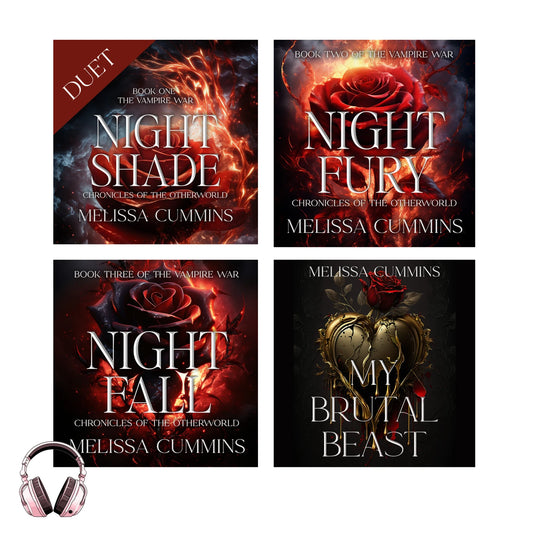 Four book covers of ebooks by Melissa Cummins with a headphone icon.