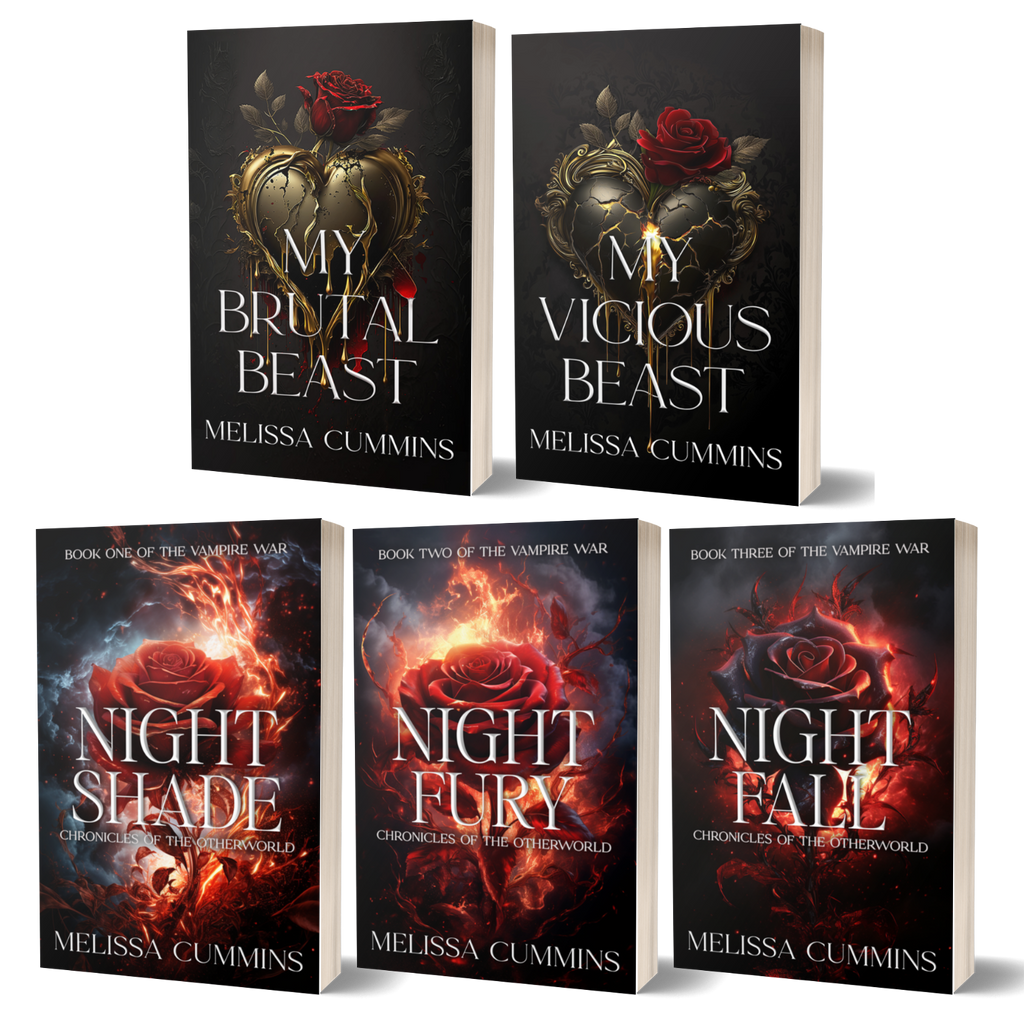 Five book covers arranged on a black background, including 'My Brutal Beast,' 'My Vicious Beast,' 'Night Shade,' 'Night Fury,' and 'Night Fall' from Chronicles of the Otherworld by Melissa Cummins.