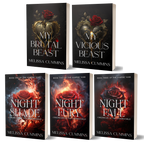 Five book covers arranged on a black background, including 'My Brutal Beast,' 'My Vicious Beast,' 'Night Shade,' 'Night Fury,' and 'Night Fall' from Chronicles of the Otherworld by Melissa Cummins.