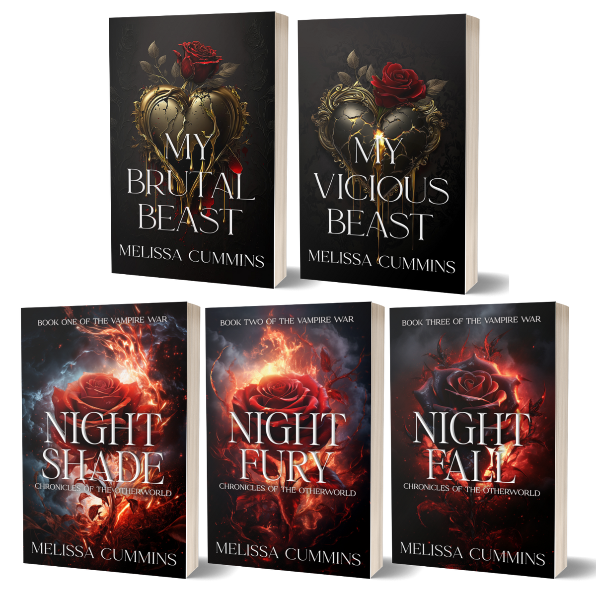 Five book covers arranged on a black background, including 'My Brutal Beast,' 'My Vicious Beast,' 'Night Shade,' 'Night Fury,' and 'Night Fall' from Chronicles of the Otherworld by Melissa Cummins.