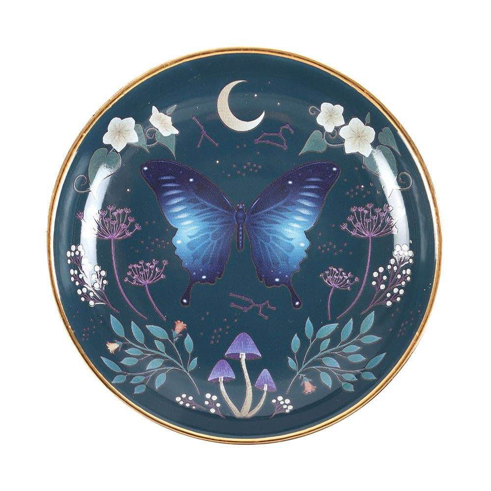 Midnight Moth Celestial Trinket Dish - Blue Night Sky Design with Gold Edging, Gothic Home Decor & Mystical Jewelry Storage Water Moon Shop