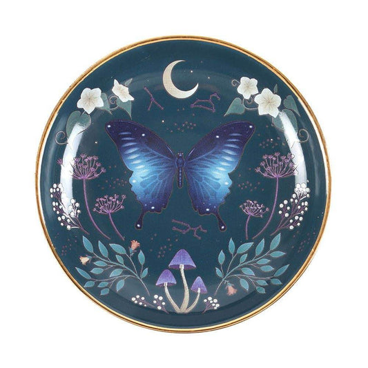 Midnight Moth Celestial Trinket Dish - Blue Night Sky Design with Gold Edging, Gothic Home Decor & Mystical Jewelry Storage Water Moon Shop