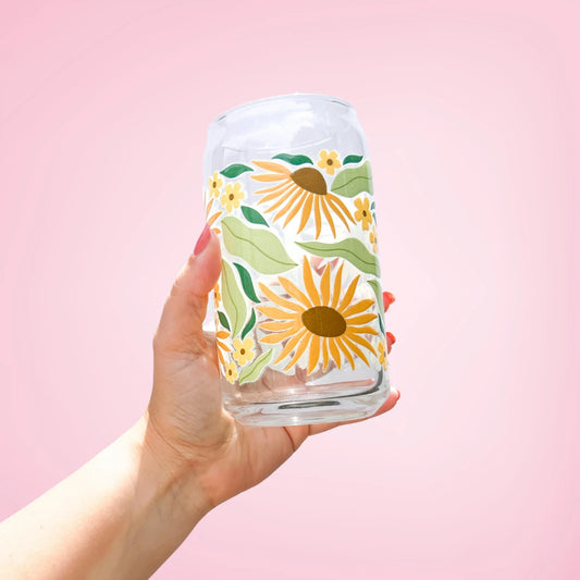 Oak Shore Collective LLC - Modern Sunflower | Libbey Glass Beer Can Iced Coffee Glass The Secret Garden Bookery