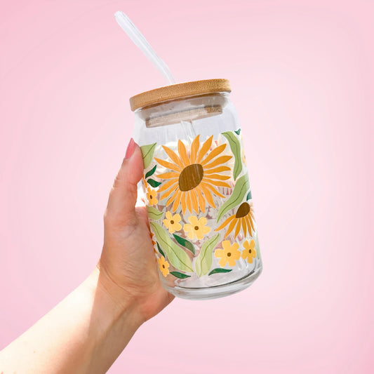 Oak Shore Collective LLC - Modern Sunflower | Libbey Glass Beer Can Iced Coffee Glass The Secret Garden Bookery